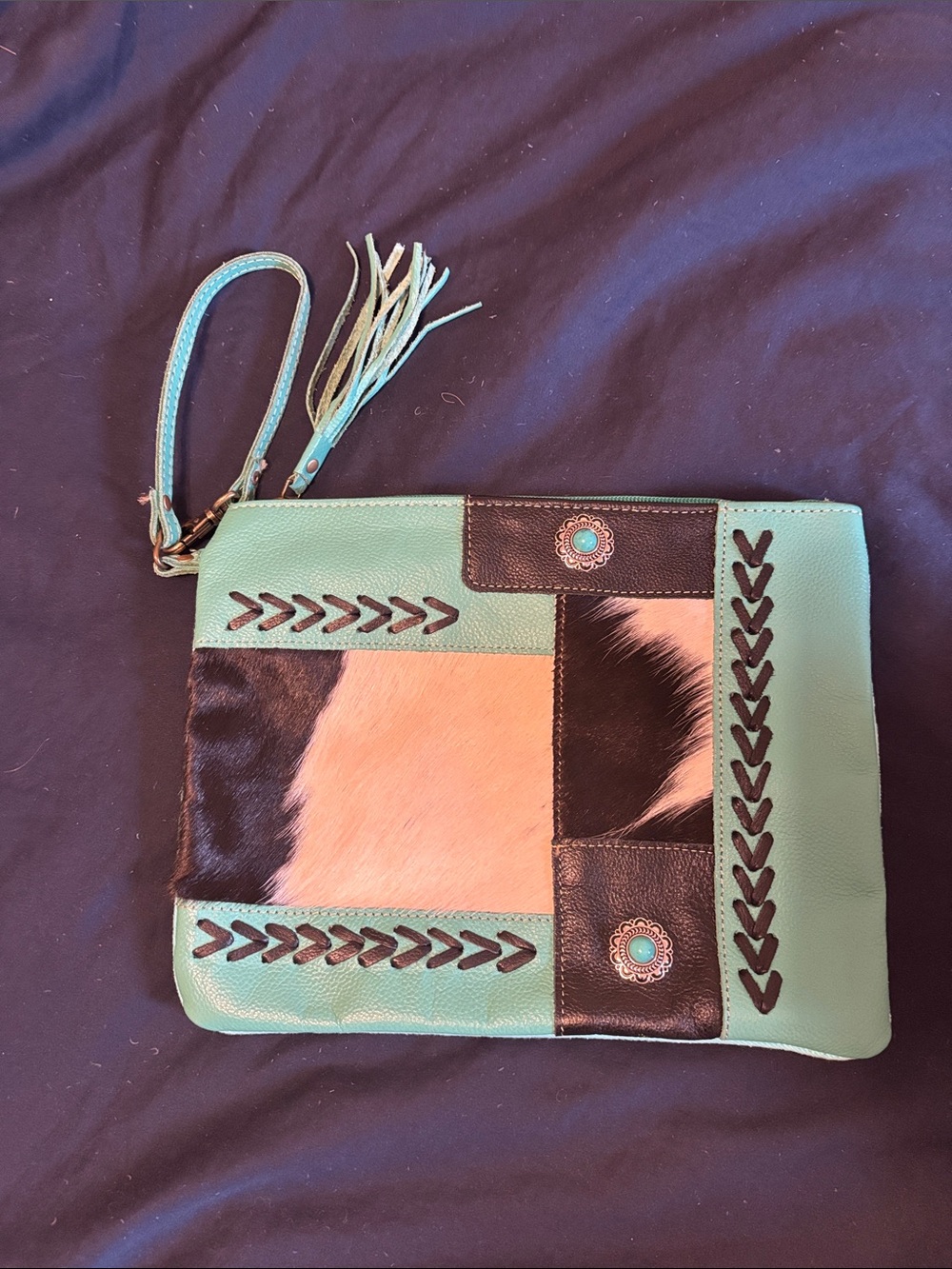 Myra Bag Turquoise and Black Patchwork Wristlet Clutch